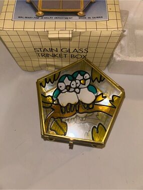 Vintage Stained Glass Brass Owls Jewelry Trinket Box Hexagon 4.5” new with box